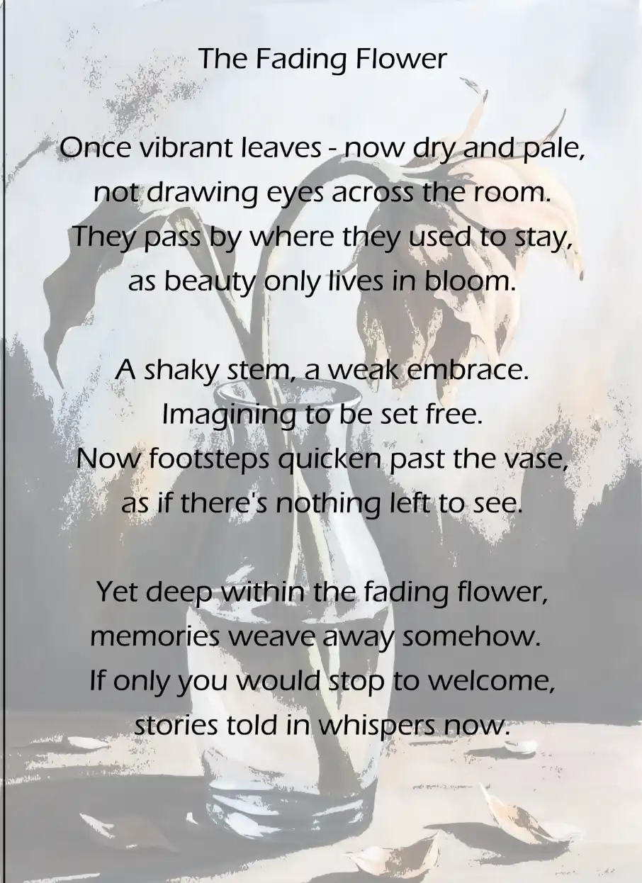 A faded, artistic image of a wilting flower in a vase with scattered leaves on the floor, overlaid with a melancholic poem…