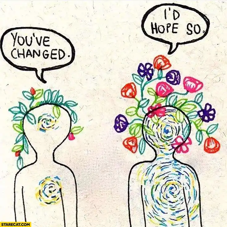 Two stylized human figures with flower crowns and spiral patterns on their bodies face each other. The figure on the left…