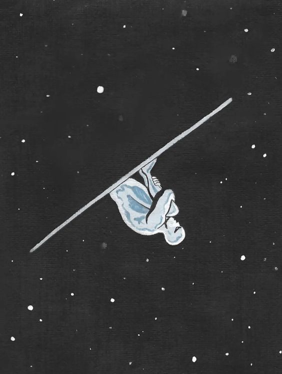 A stylized illustration shows a person in a light blue outfit floating upside down in a dark starry space, holding onto a…