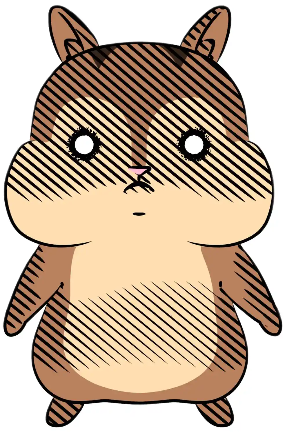 A cartoon hamster with large white eyes and a small pink nose has diagonal black lines drawn across its face and body…