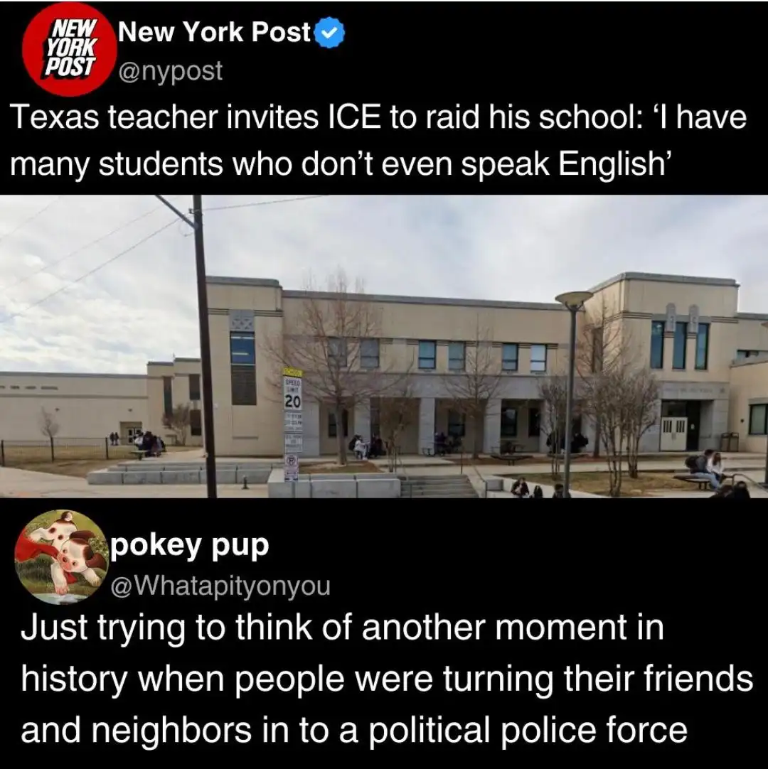 The image shows a screenshot of a New York Post tweet featuring a photo of a beige school building with students outside…