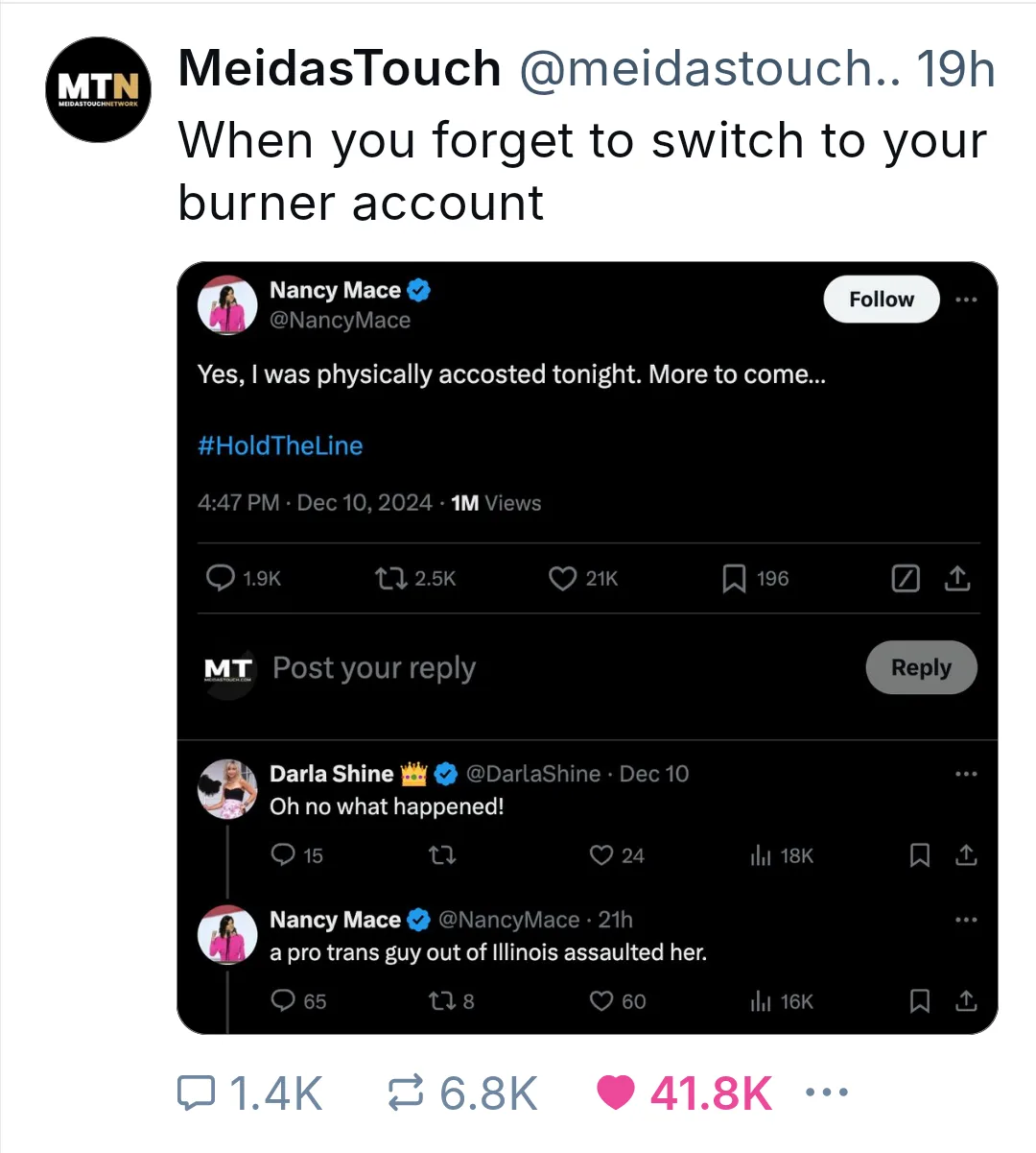 A screenshot of a Twitter thread where Nancy Mace tweets about being physically accosted, and a reply from Darla Shine asks…