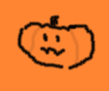 A simple, low-resolution pixelated drawing of a smiling orange pumpkin with a stem, set against a solid orange background…