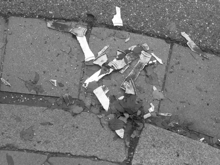 A black-and-white photo shows shattered white ceramic pieces, possibly from a mug or plate, scattered on a concrete sidewalk…