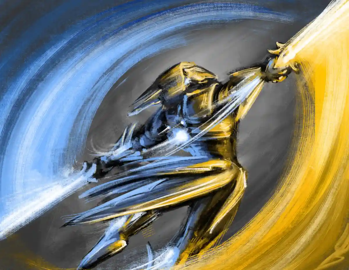 A stylized, dynamic painting of a golden-armored warrior in mid-swing, wielding a glowing sword against a swirling blue and…