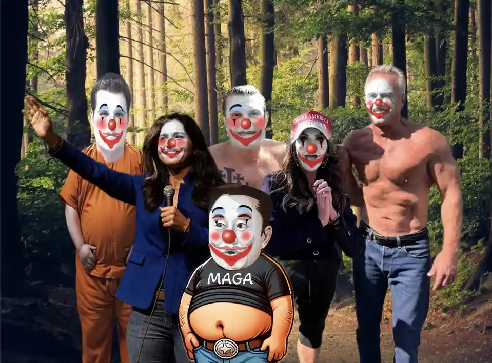 Six people, including a cartoon figure in the foreground, are digitally altered to have clown makeup in a forest setting…