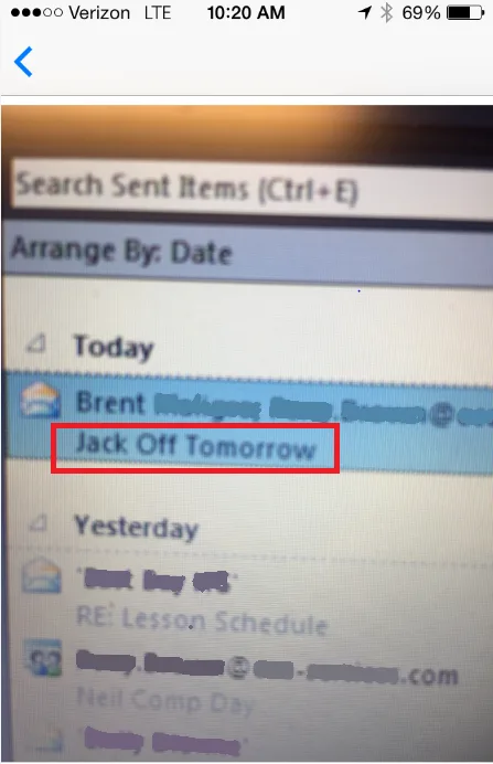 A screenshot of an email inbox on a smartphone, showing a highlighted email from 'Brent' with the subject line 'Jack Off…