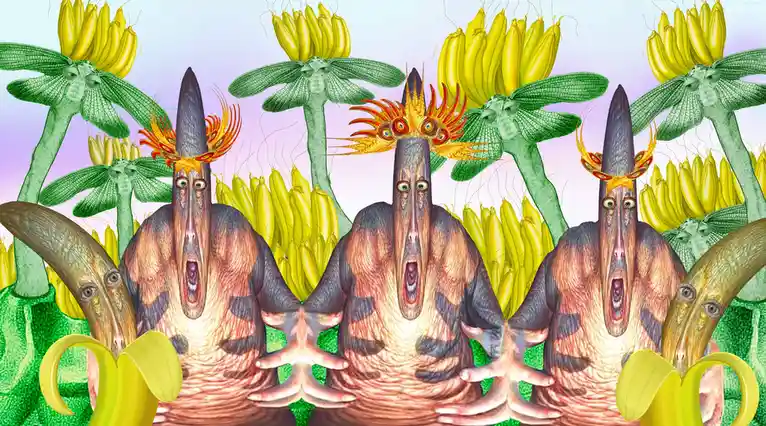 Three identical, grotesque, elongated humanoid figures with wide-open mouths and eyes, wearing ornate golden crowns, are…