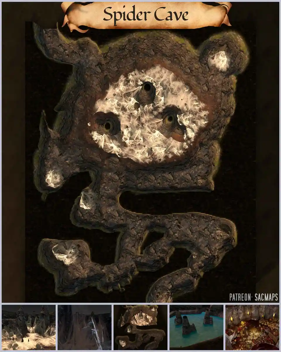 A fantasy cave map titled 'Spider Cave' features glowing webs and dark rock formations, with a bottom row of five smaller…