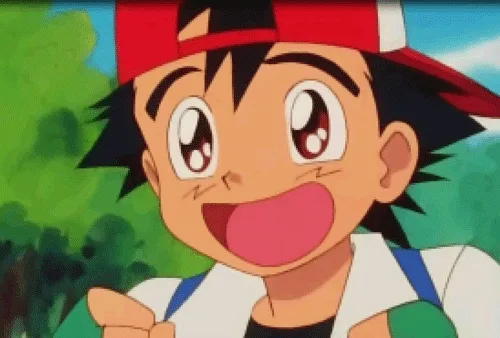 The image shows six identical frames of Ash Ketchum from Pokémon, each depicting him with a wide, joyful, toothy grin and…