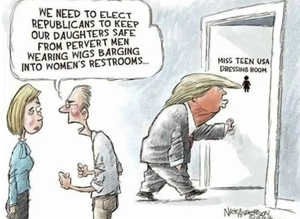A cartoon depicts a man and woman speaking as a caricature of Donald Trump, with a blonde wig, forcefully enters a door…
