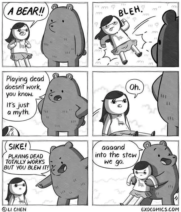 A six-panel comic strip from 'We Bare Bears' shows a girl reacting to a bear. She screams 'A BEAR!!' then pretends to be…