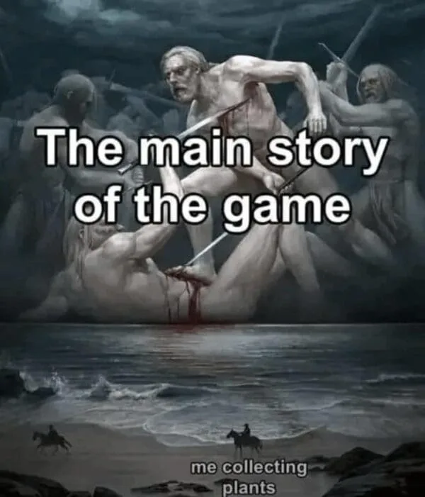 A dark, dramatic painting depicts a large, muscular man being stabbed by multiple attackers while partially submerged in…