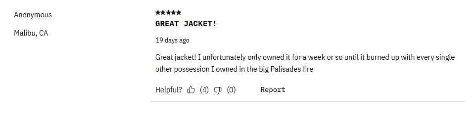A screenshot of an online product review from an anonymous user in Malibu, CA, giving a five-star rating for a 'GREAT…