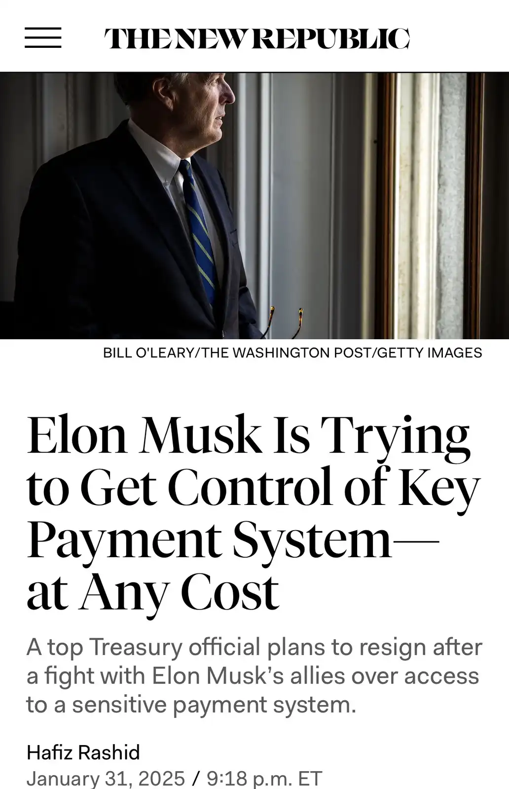 A screenshot of a fake news article from 'The New Republic' featuring a photo of a man in a suit looking out a window. The…