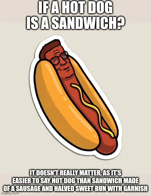 A cartoon hot dog with a face, glasses, and a smug expression is shown in a bun with mustard. The text above asks 'IF A HOT…
