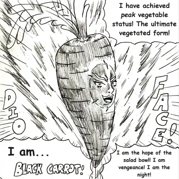 A black-and-white manga-style drawing shows a giant carrot with a human face, styled like the character Dio Brando…