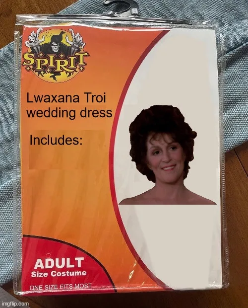 A plastic-wrapped costume package labeled 'Spirit' for an 'Lwaxana Troi wedding dress' shows a photo of actress Whoopi…