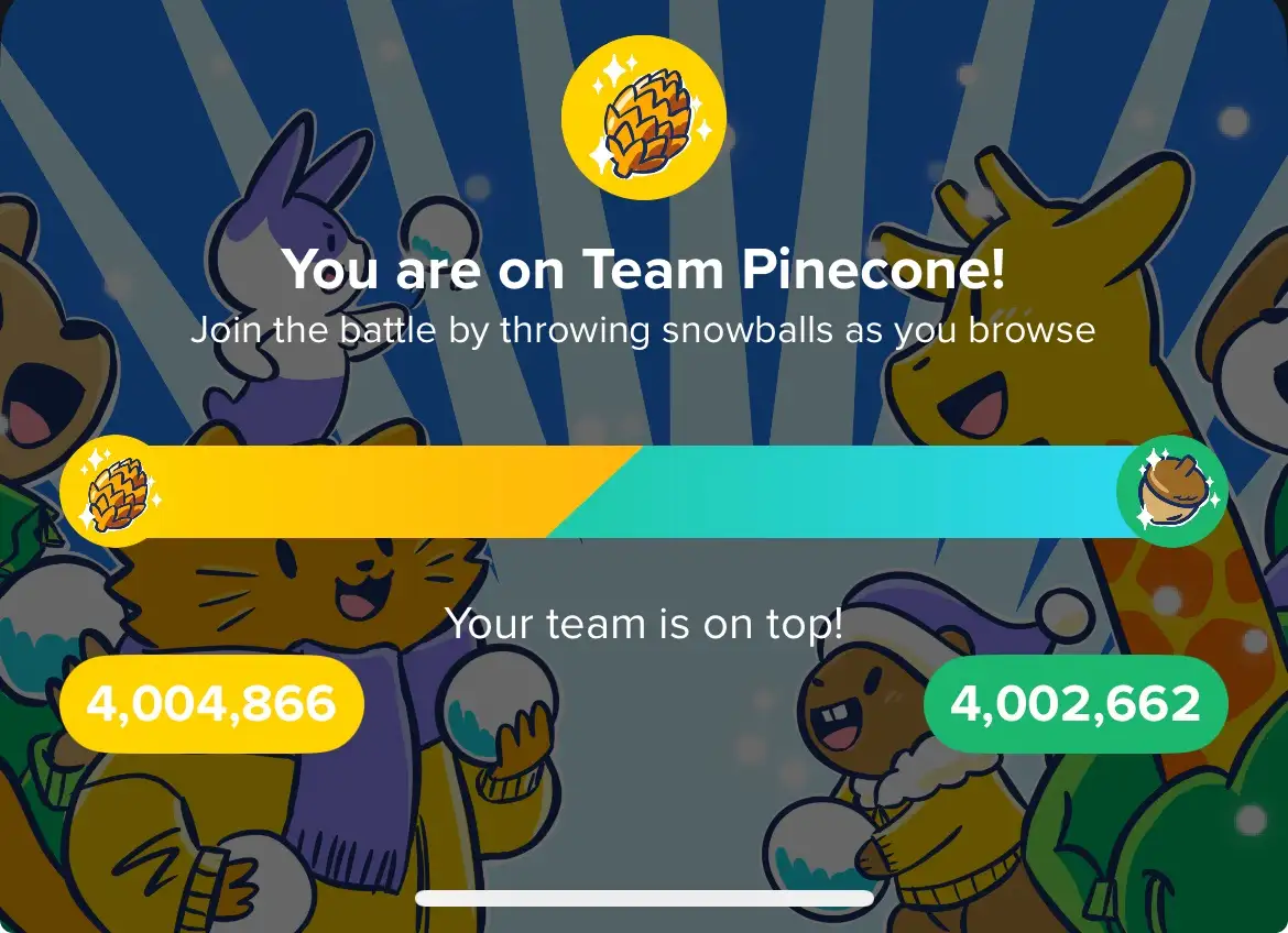 A screenshot from a mobile game shows a scoreboard with cartoon animals cheering. The player is on 'Team Pinecone' with…