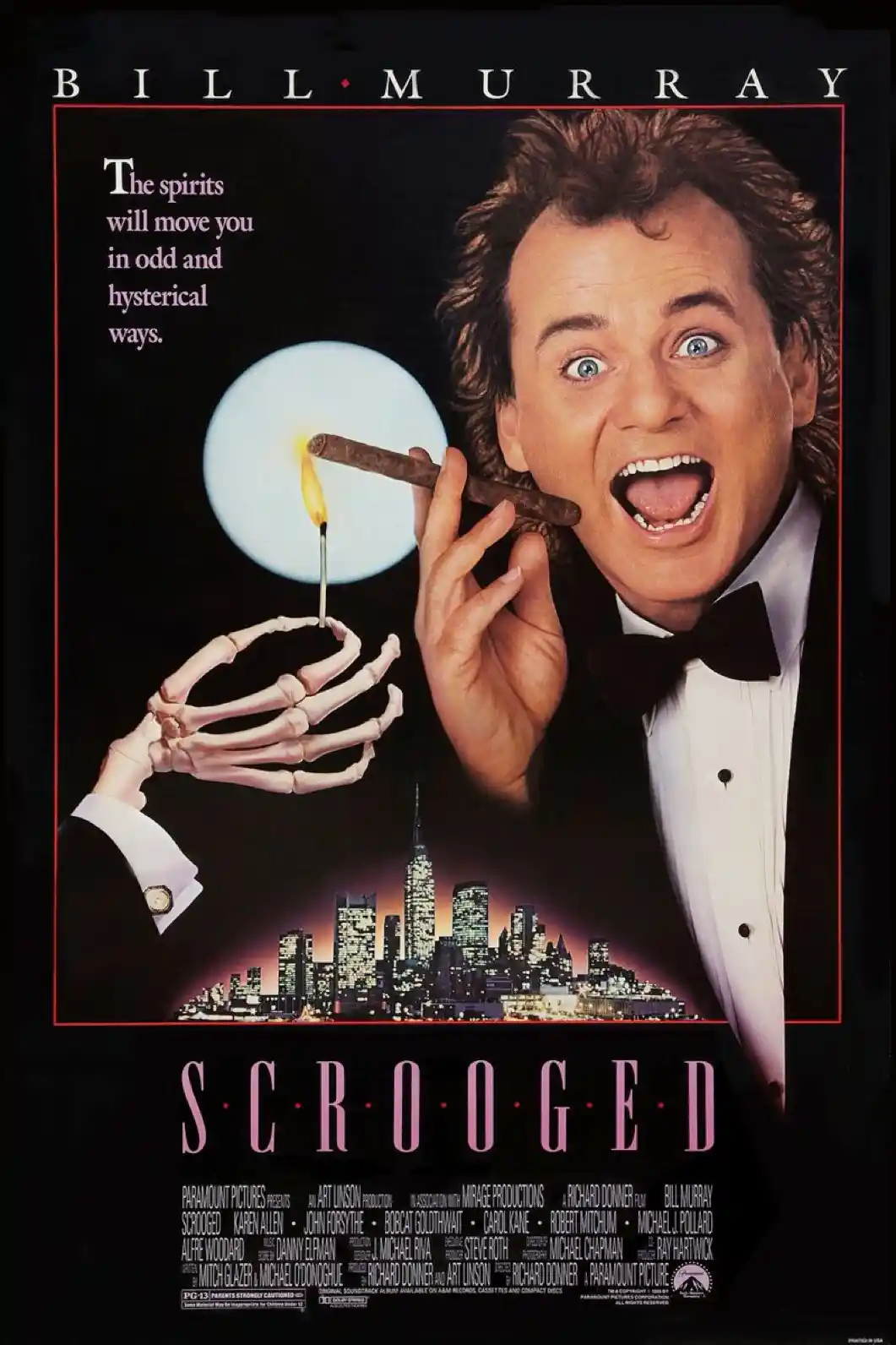 A movie poster for 'Scrooged' featuring Bill Murray in a tuxedo with a shocked expression, holding a lit cigar. A skeletal…