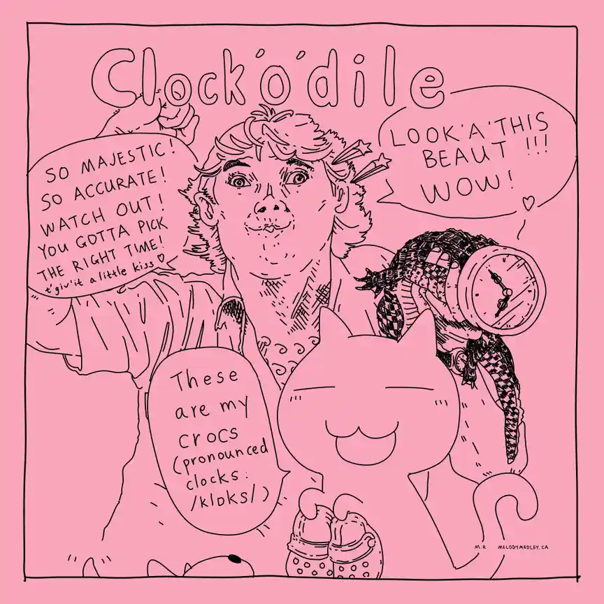 A pink-toned cartoon drawing shows a person with curly hair and a mustache, enthusiastically presenting a crocodile-like…