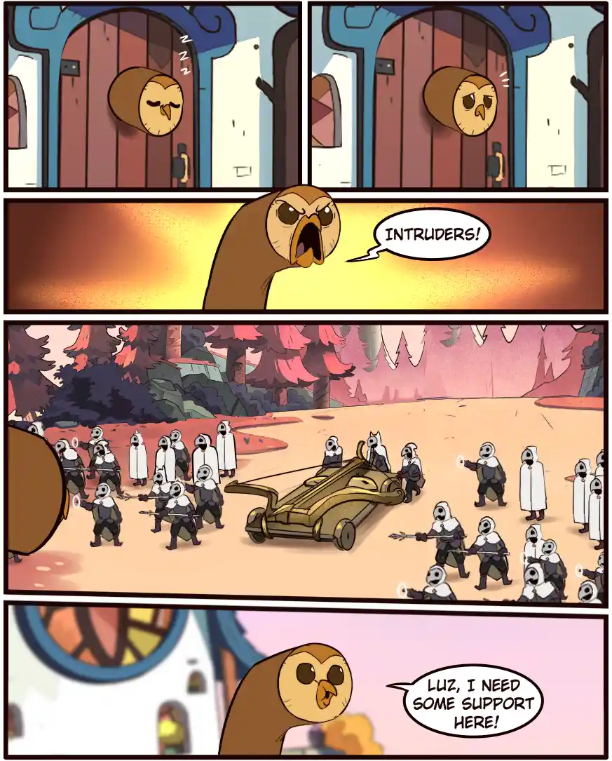 A comic strip shows an owl character initially sleeping, then waking up startled to shout 'INTRUDERS!' as a large army of…