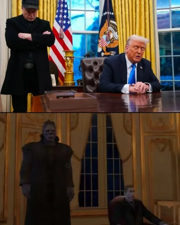 The top panel shows a man in a black coat and hat standing with arms crossed, facing Donald Trump seated at a desk in the…