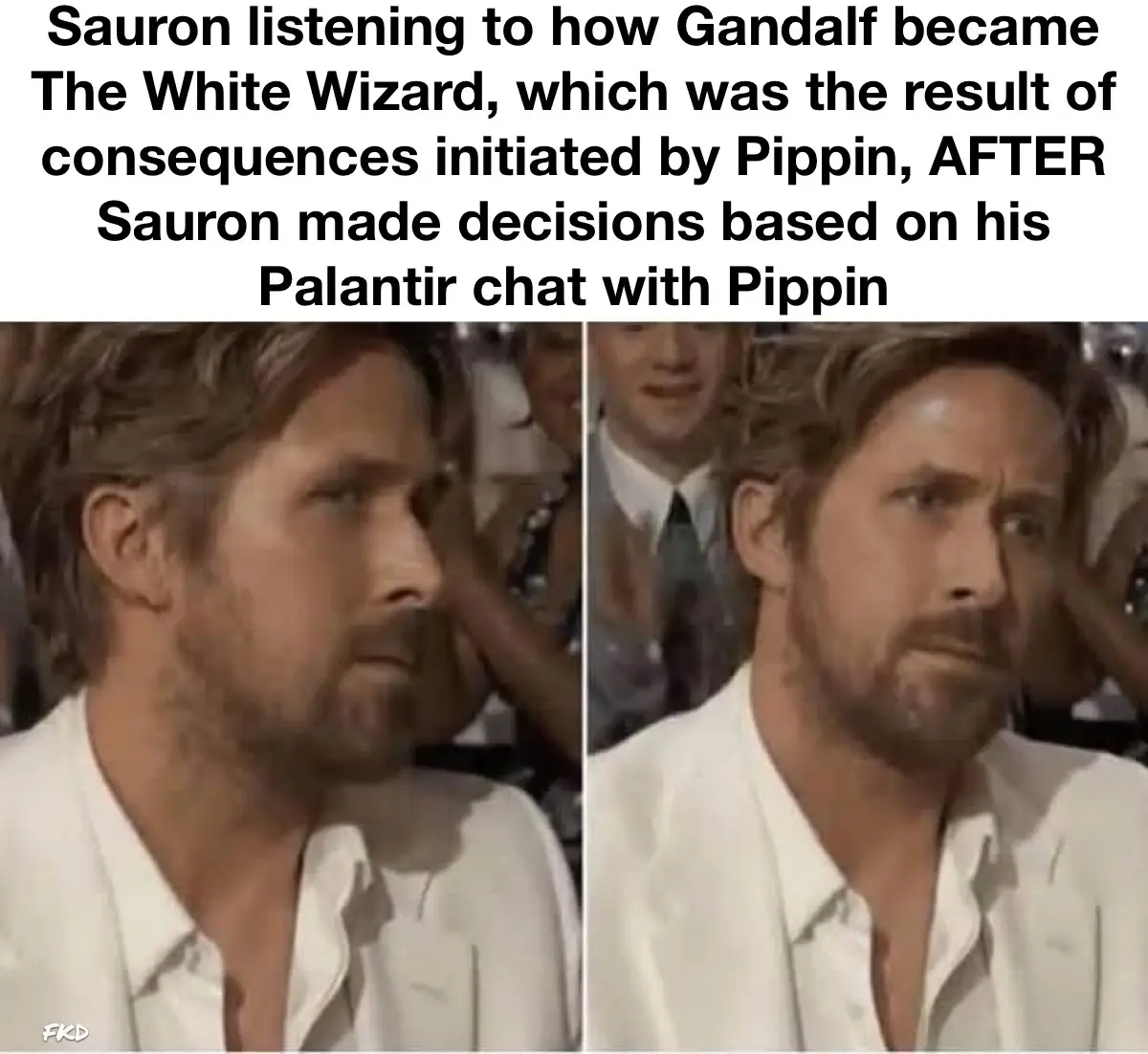 The image shows a split-screen of Ryan Gosling looking confused and bewildered, transitioning from a neutral expression to a…
