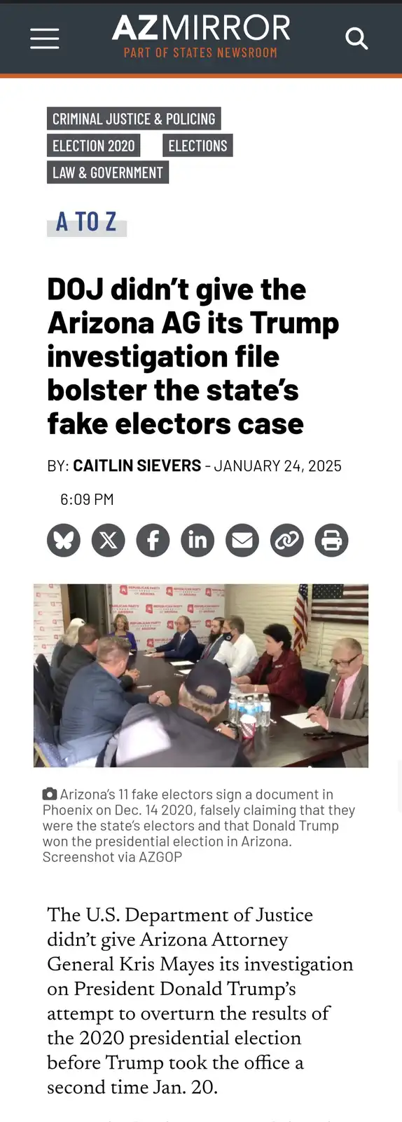 A screenshot of an AZMirror news article from January 24, 2025, with a headline stating the DOJ didn't give Arizona AG Kris…