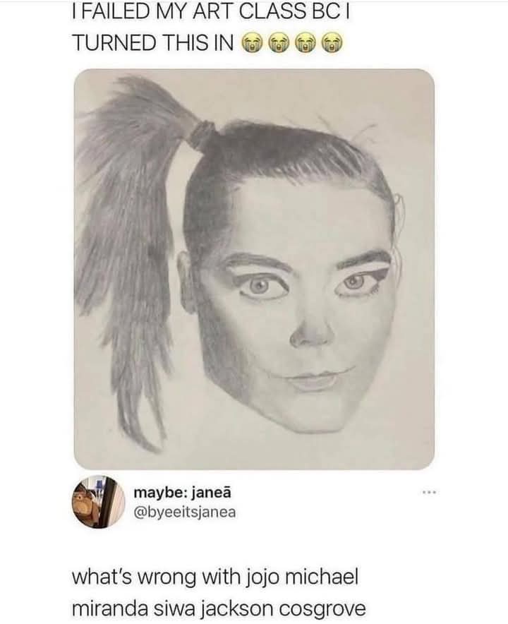 A pencil sketch of a person with a high ponytail and very large, expressive eyes, overlaid with text claiming the artist…