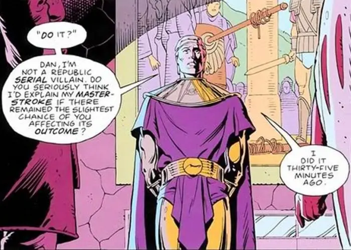 A comic book panel shows a man in purple and gold robes with a speech bubble saying 'DO IT?' Another speech bubble from a…
