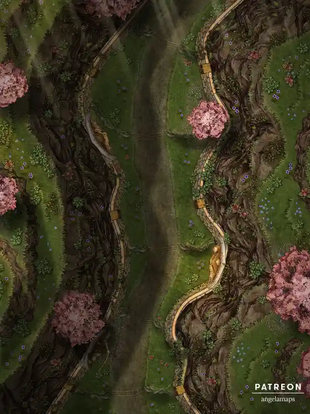 An overhead fantasy map depicts a winding stone path flanked by grass, flowers, and pink trees, with two identical statues…