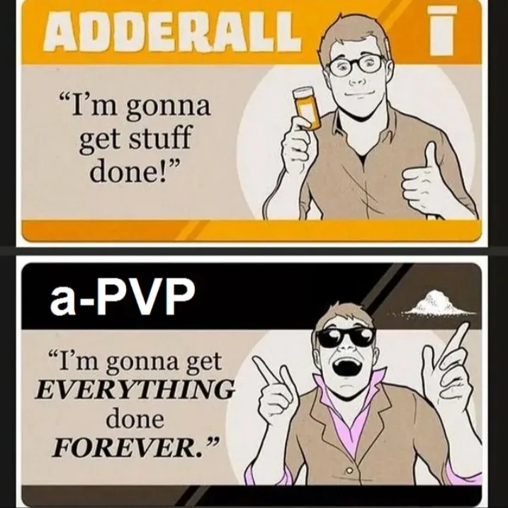 The image is a two-panel meme. The top panel shows a cartoon man in glasses holding a pill bottle labeled 'ADDERALL' and…