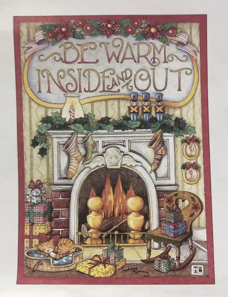 A festive holiday illustration depicts a cozy fireplace scene with stockings, nutcrackers, holly, and wrapped gifts. A…