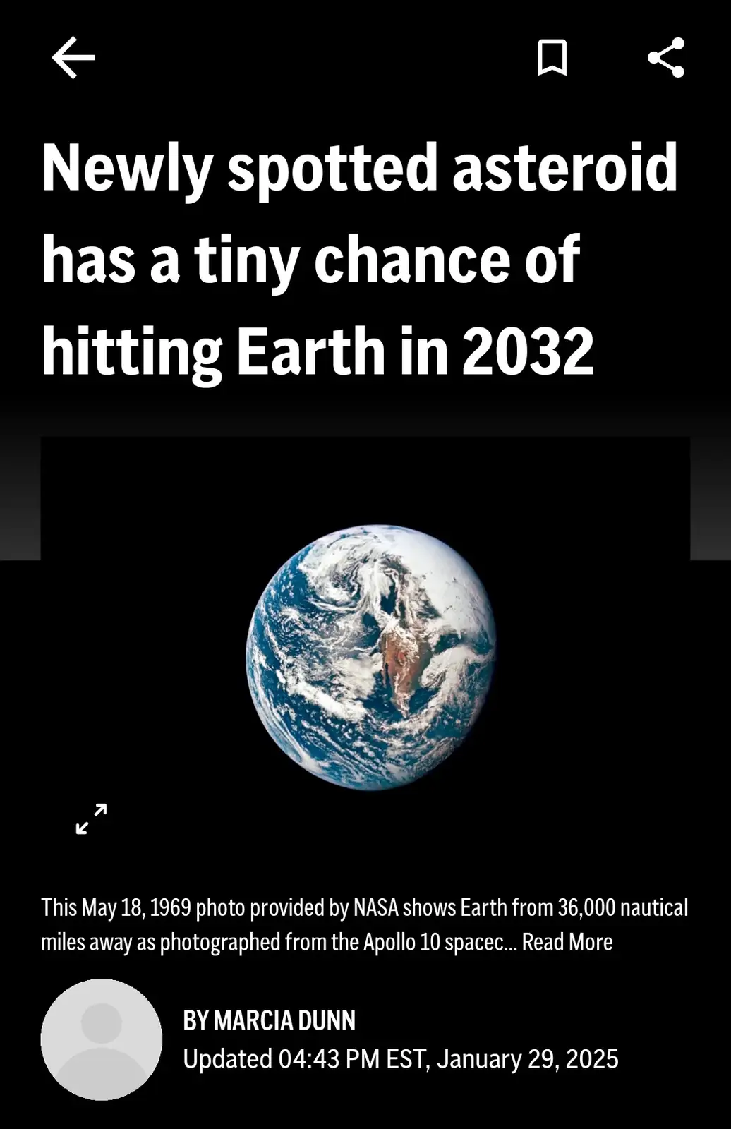 The image displays a screenshot of a news article with a headline about an asteroid potentially hitting Earth in 2032. Below…