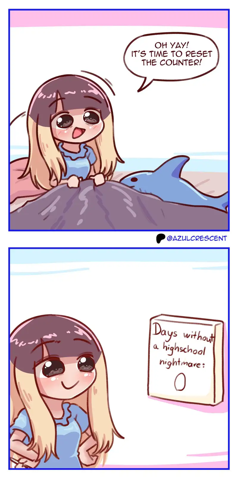 A two-panel comic shows a cheerful anime girl excitedly announcing she's resetting a counter, then revealing the counter…