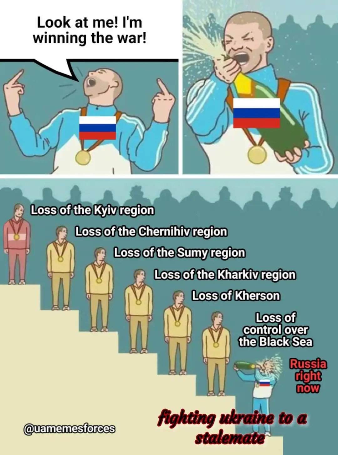 A cartoon depicts a Russian athlete celebrating victory with a medal and champagne, exclaiming 'Look at me! I'm winning the…