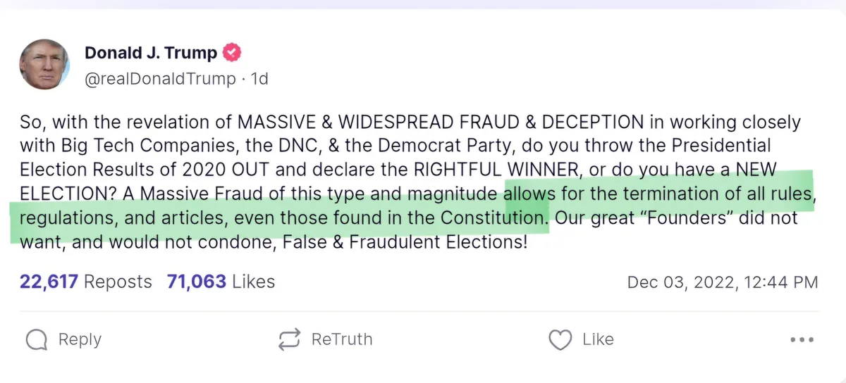 A screenshot of a tweet from Donald J. Trump's verified Twitter account, dated December 3, 2022, which claims massive fraud…