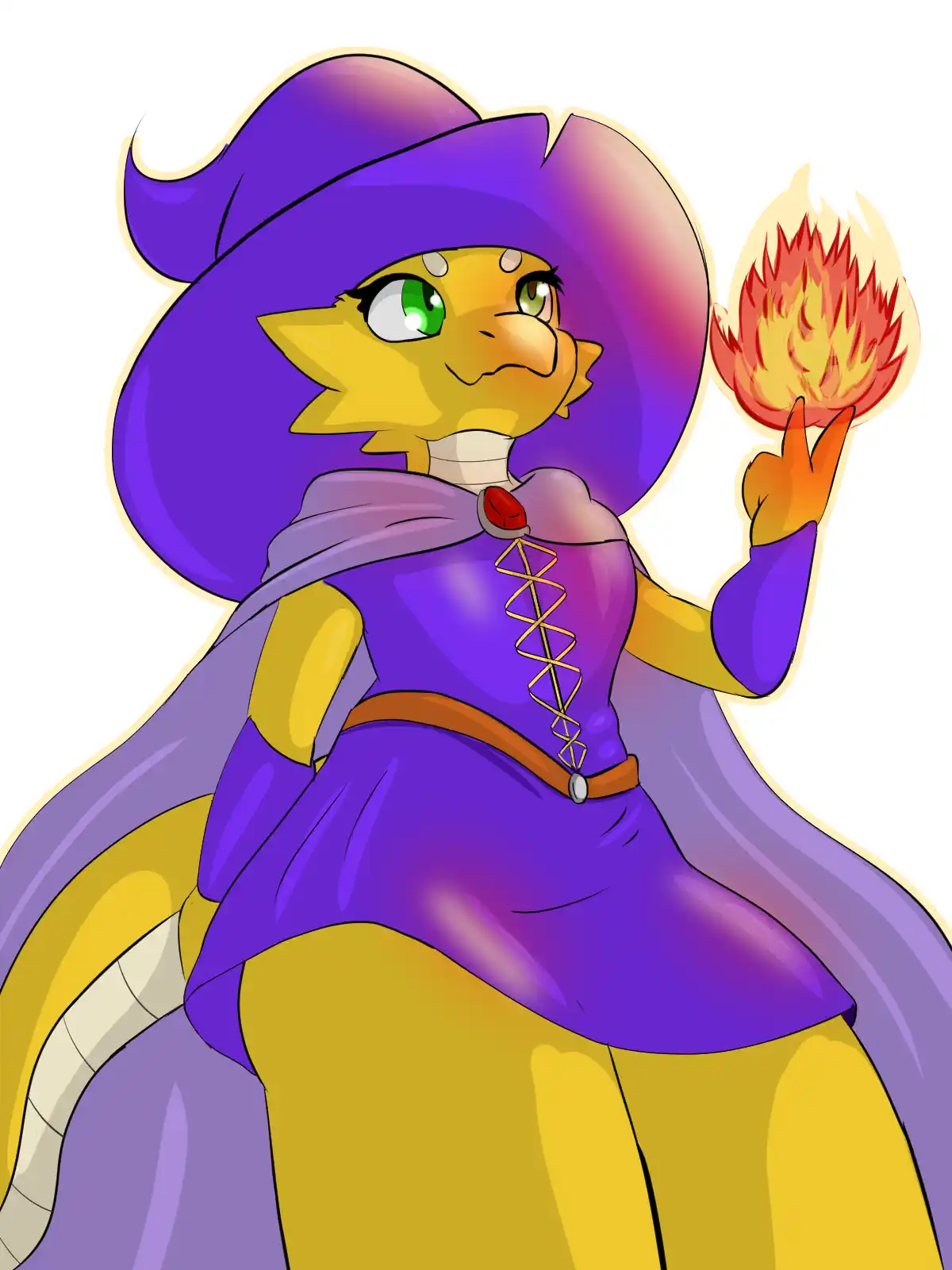 A yellow dragon-like character with green eyes, wearing a purple witch's hat and matching outfit, holds a ball of fire in…