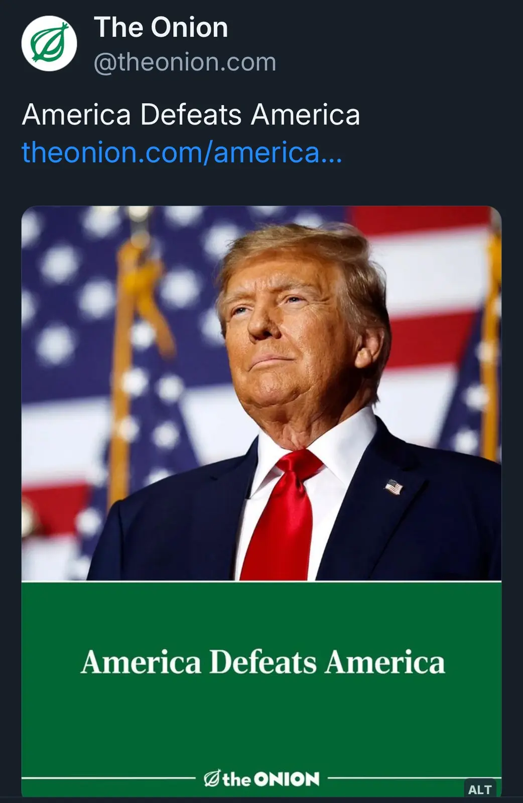The image shows a photo of Donald Trump in a dark suit and red tie, standing in front of American flags. The text 'America…