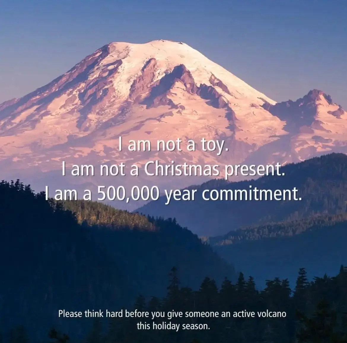 A scenic photo of a snow-capped mountain, likely Mount Rainier, with text overlaid that reads: 'I am not a toy. I am not a…