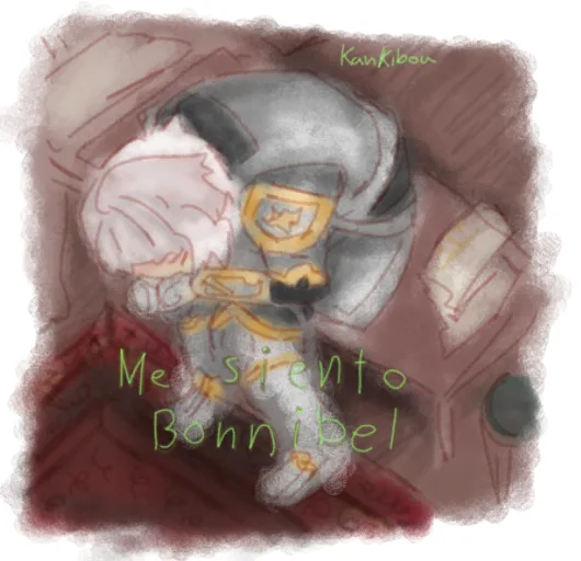 A sketch-style drawing shows a character in a silver and gold armored suit, hunched over and appearing distressed or…