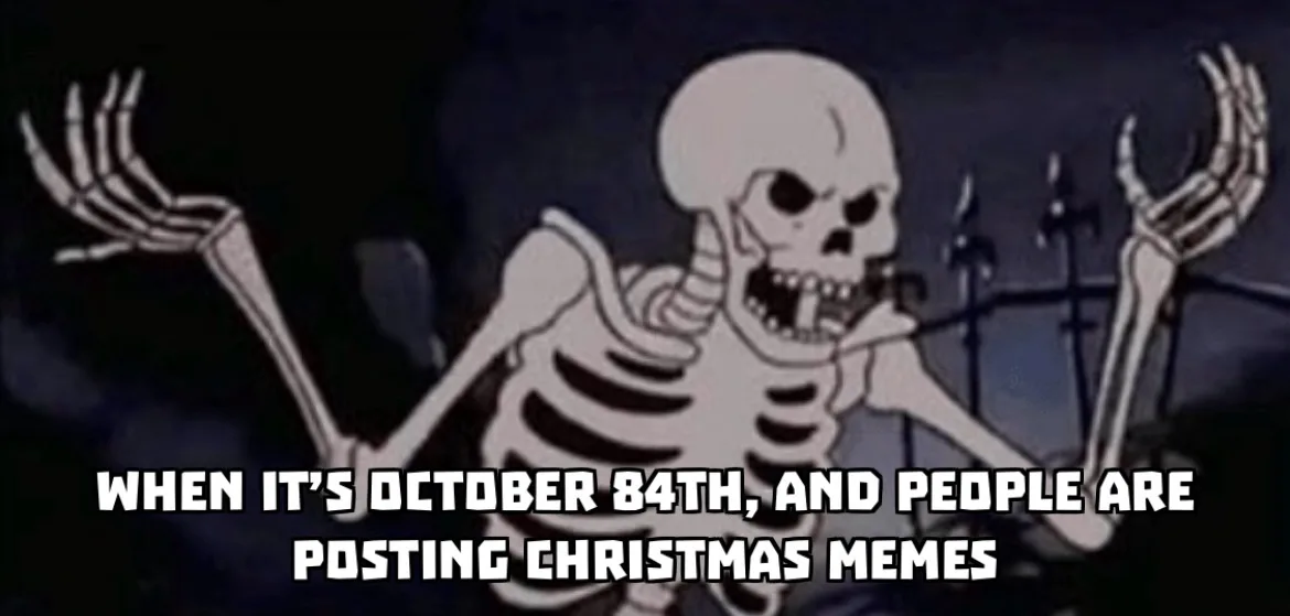 A cartoon skeleton with an angry expression, arms raised in frustration, set against a dark, spooky background. The overlaid…