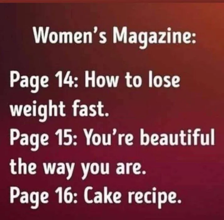 A red gradient background displays white text mimicking a magazine table of contents. The text lists 'Women's Magazine:'…