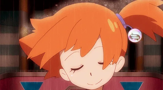 The image shows six panels of the anime character Misty from Pokémon, arranged in two rows of three. In the top row, she…