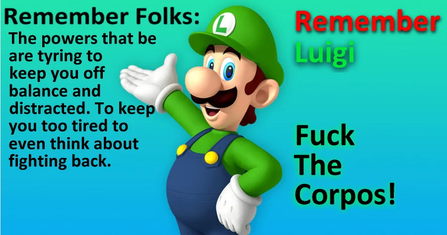A 3d-rendered Luigi from the Mario franchise stands against a gradient blue-green background, waving with one hand. Text on…