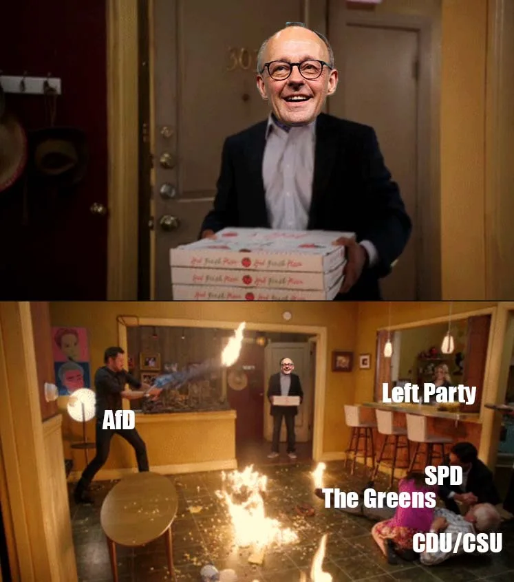 The top panel shows a smiling man in glasses holding a stack of 'Red Fresh Pizza' boxes. The bottom panel shows a chaotic…