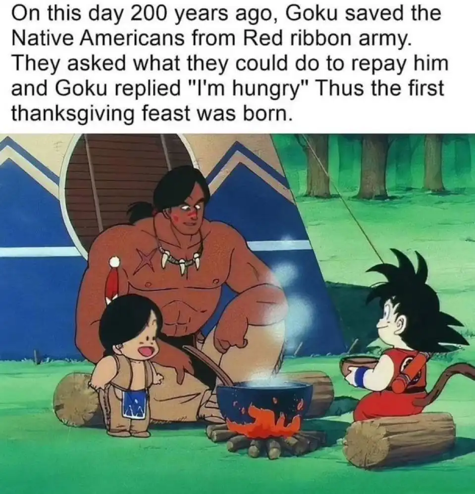 An anime scene shows a young Goku sitting on a log near a campfire with a pot, while a large Native American man and a small…