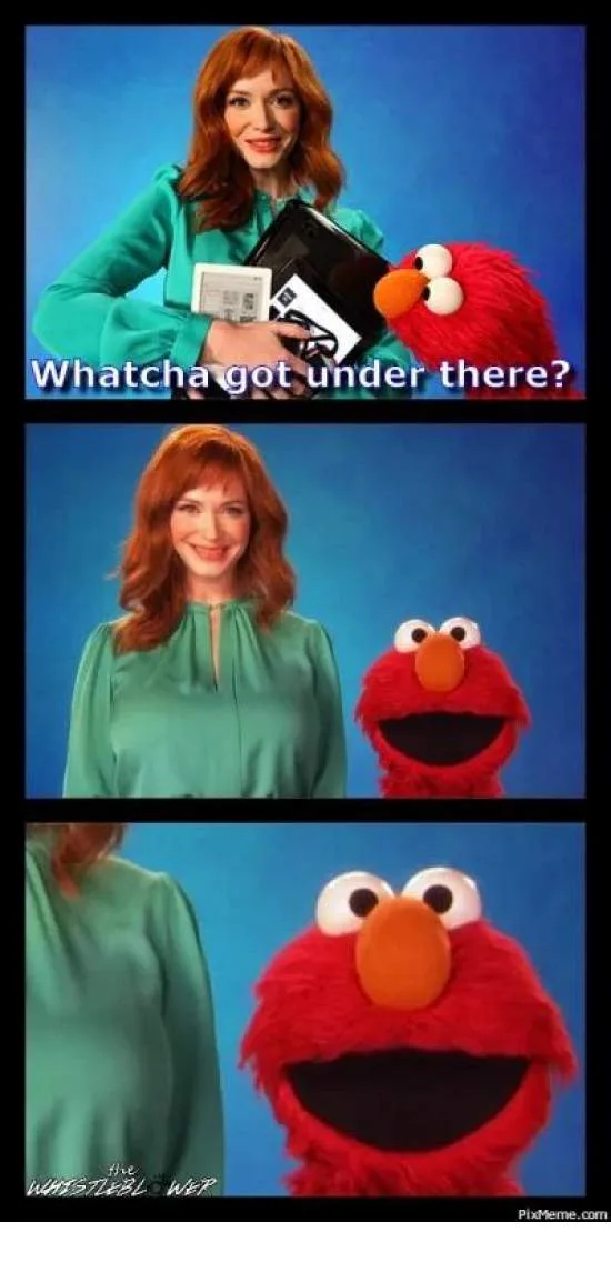 A three-panel meme featuring actress Christina Hendricks and the Sesame Street character Elmo. In the top panel, Hendricks…