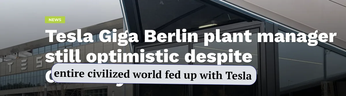 An image of a modern building with 'TESLA' visible on the facade, overlaid with bold white text reading 'Tesla Giga Berlin…